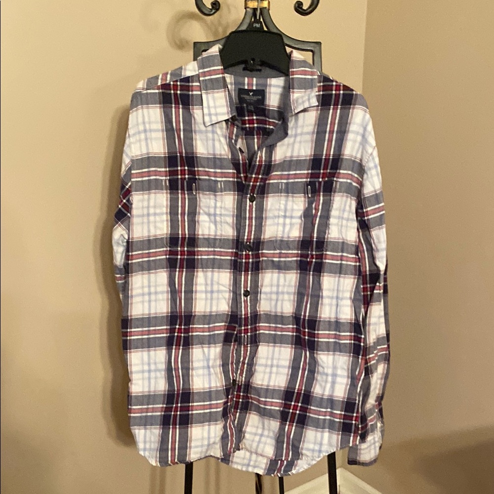 American Eagle Outfitters Navy and White Plaid Shirt